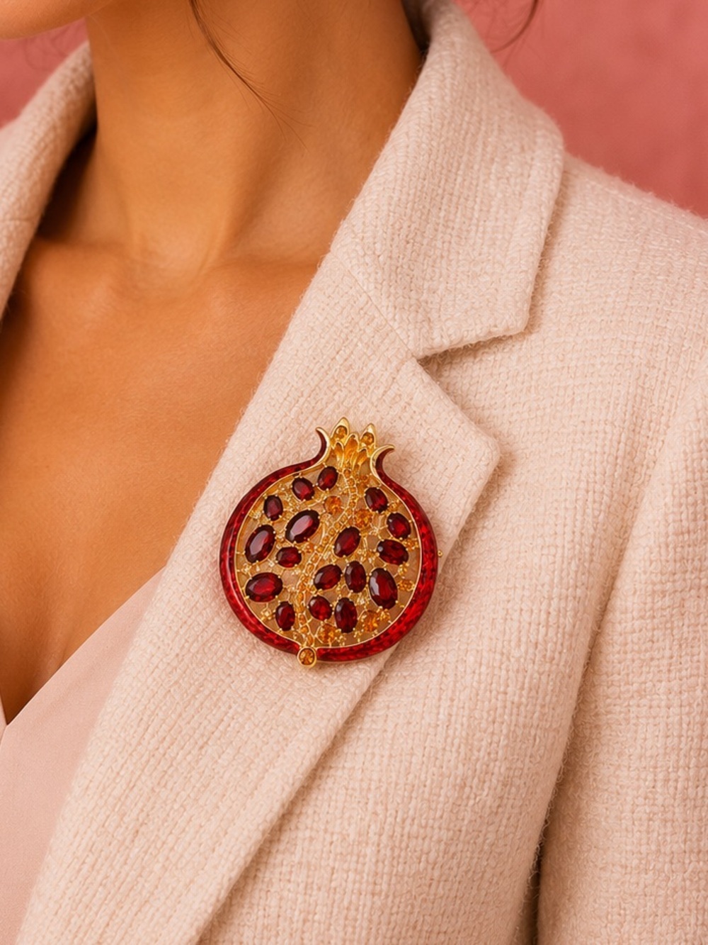 Ruby Red Pomegranate Gold Brooch